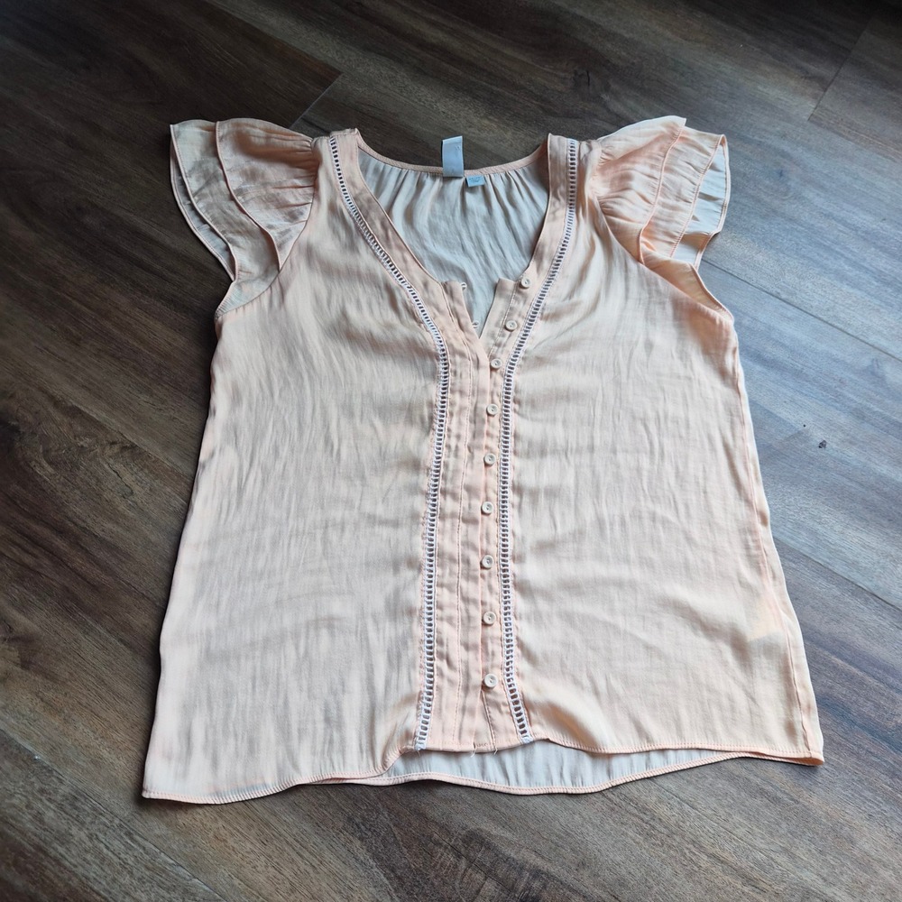 Joie Peach Ruffle Sleeve Button Down V-Neck Blouse Top XS Coquette Boho Flutter